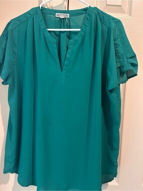 Pleione Teal Split V-Neck Short Sleeve Blouse